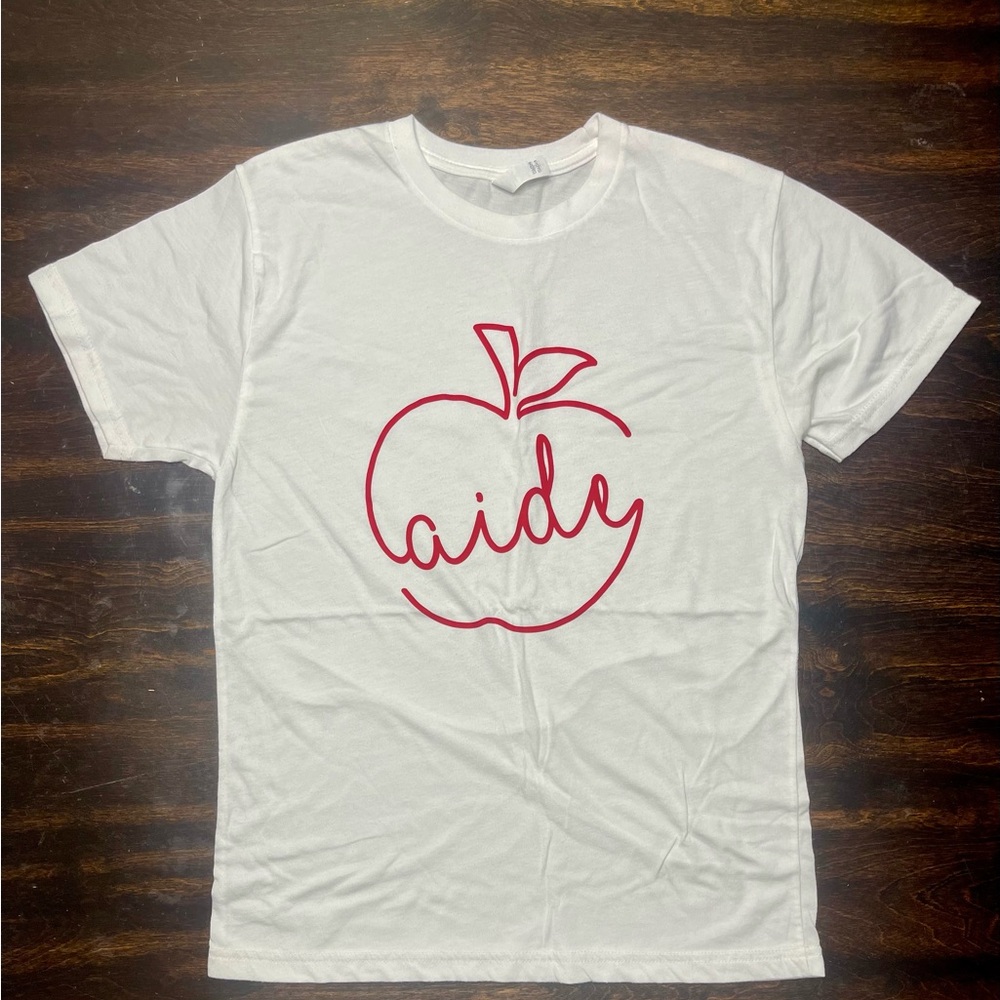 White Tee with Red Apple Teacher Aide Design